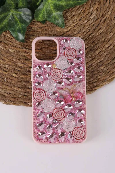 Pembe TeknoCase İPhone 14 Uyumlu Daisy Case Serisi Taşlı Vakumlu Sert Silikon Telefon Kılıfı 431043