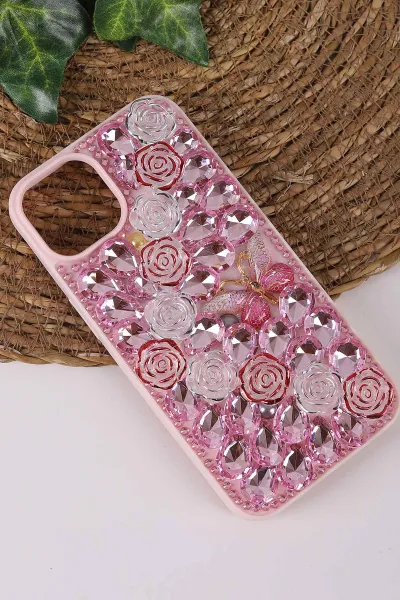 Pembe TeknoCase İPhone 14 Uyumlu Daisy Case Serisi Taşlı Vakumlu Sert Silikon Telefon Kılıfı 431043