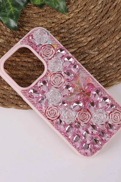 Pembe TeknoCase İPhone 15 Pro Uyumlu Daisy Case Serisi Taşlı Vakumlu Sert Silikon Telefon Kılıfı 431071