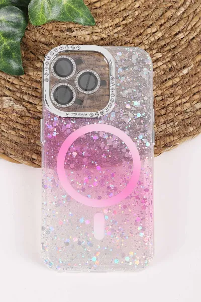 Pembe TeknoCase İPhone 15 Pro Uyumlu Sortie Diamond Case Serisi Sert Silikon Telefon Kılıfı 457979
