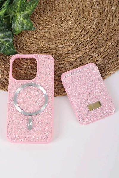 Pembe TeknoCase İPhone 15 Pro Uyumlu Viola Diamond Case Serisi Kartlıklı Lens Hediyeli Sert Silikon Telefon Kılıfı 430823