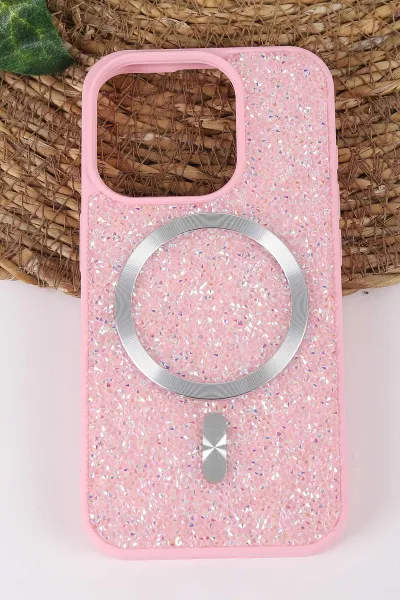Pembe TeknoCase İPhone 15 Pro Uyumlu Viola Diamond Case Serisi Kartlıklı Lens Hediyeli Sert Silikon Telefon Kılıfı 430823