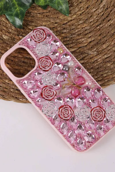 Pembe TeknoCase İPhone 15 Uyumlu Daisy Case Serisi Taşlı Vakumlu Sert Silikon Telefon Kılıfı 431063