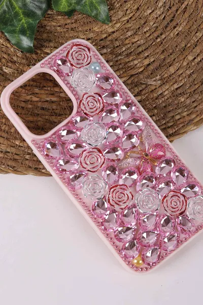 Pembe TeknoCase İPhone 16 Pro Max Uyumlu Daisy Case Serisi Taşlı Vakumlu Sert Silikon Telefon Kılıfı 431096