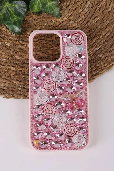 Pembe TeknoCase İPhone 16 Pro Max Uyumlu Daisy Case Serisi Taşlı Vakumlu Sert Silikon Telefon Kılıfı 431096