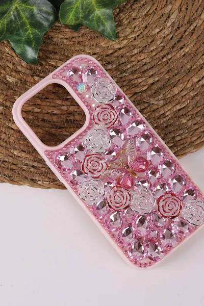 Pembe TeknoCase İPhone 16 Pro Uyumlu Daisy Case Serisi Taşlı Vakumlu Sert Silikon Telefon Kılıfı 431092