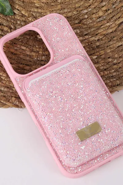 Pembe TeknoCase İPhone 16 Pro Uyumlu Viola Diamond Case Serisi Kartlıklı Lens Hediyeli Sert Silikon Telefon Kılıfı 430841