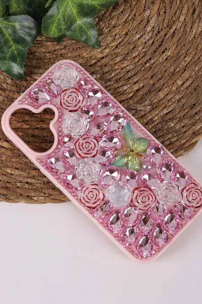 Pembe TeknoCase İPhone 16 Uyumlu Daisy Case Serisi Taşlı Vakumlu Sert Silikon Telefon Kılıfı 431086
