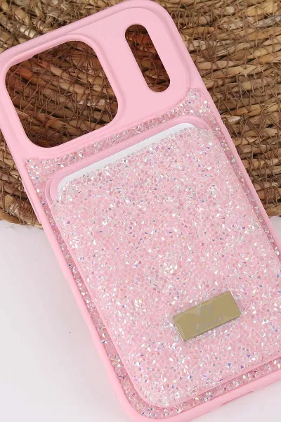 Pembe TeknoCase İPhone 17 Pro Uyumlu Viola Diamond Case Serisi Kartlıklı Lens Hediyeli Sert Silikon Telefon Kılıfı 430865