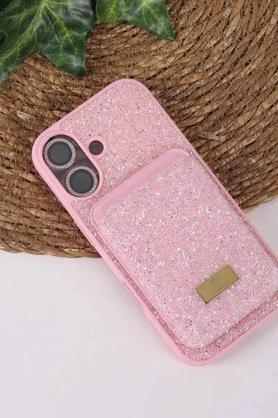 Pembe TeknoCase İPhone 17 Uyumlu Viola Diamond Case Serisi Kartlıklı Lens Hediyeli Sert Silikon Telefon Kılıfı 430858