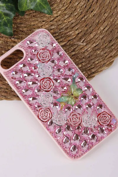 Pembe TeknoCase İPhone 7 Plus ve  İPhone 8 Plus  Uyumlu Daisy Case Serisi Taşlı Vakumlu Sert Silikon Telefon Kılıfı 431117
