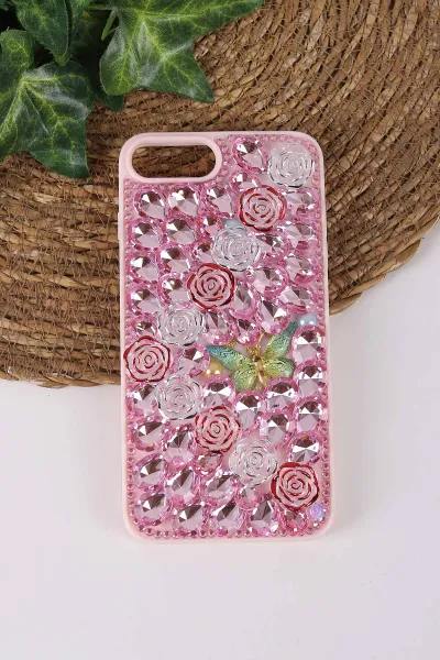 Pembe TeknoCase İPhone 7 Plus ve  İPhone 8 Plus  Uyumlu Daisy Case Serisi Taşlı Vakumlu Sert Silikon Telefon Kılıfı 431117