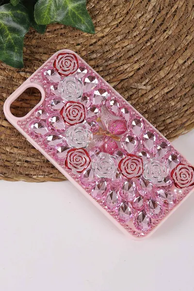 Pembe TeknoCase İPhone 7 ve  İPhone 8 Uyumlu Daisy Case Serisi Taşlı Vakumlu Sert Silikon Telefon Kılıfı 431123