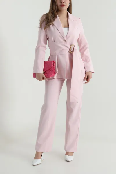 Pembe Toka Kuşaklı Astarlı Ceket Pantolon Kadın İkili Takım 487431