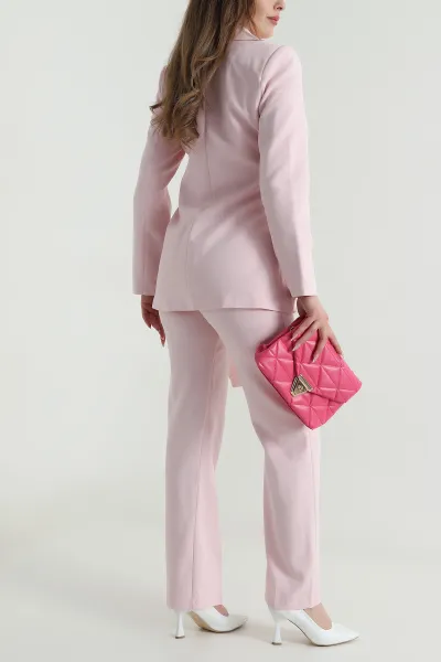 Pembe Toka Kuşaklı Astarlı Ceket Pantolon Kadın İkili Takım 487431