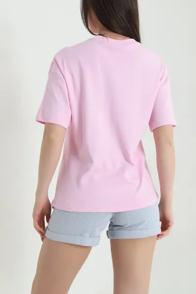 Pembe Tokalı Bisiklet Yaka İnterlok Kadın Tişört 453923
