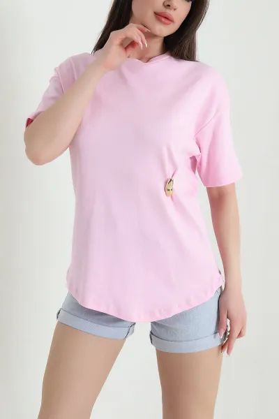 Pembe Tokalı Bisiklet Yaka İnterlok Kadın Tişört 453923