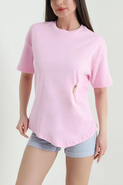 Pembe Tokalı Bisiklet Yaka İnterlok Kadın Tişört 453923