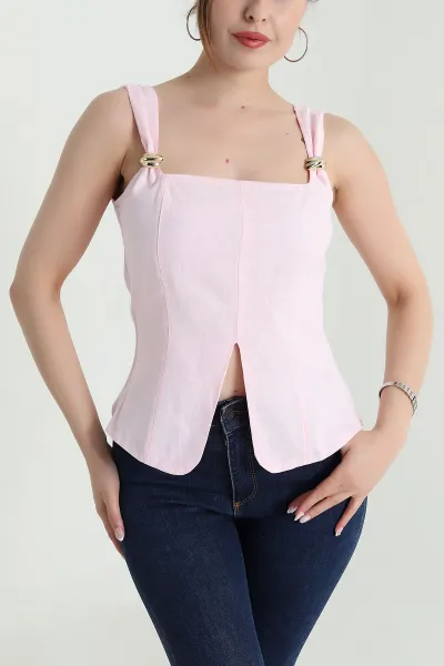 Pembe Tokalı Keten Kadın Bluz 475033