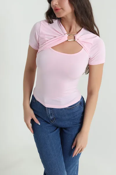 Pembe Tokalı Likralı Buzzy Kadın Bluz 463603