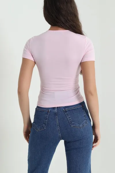 Pembe Tokalı Likralı Buzzy Kadın Bluz 463603