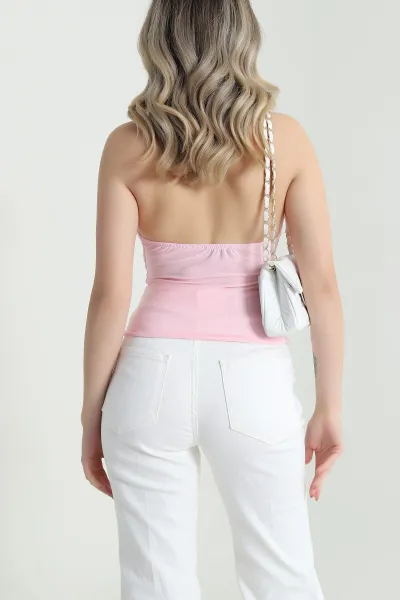 Pembe Tokalı Likralı Straplez Kadın Sandy Bluz 466452