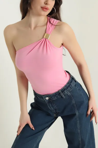 Pembe Tokalı Tek Omuz Detay Buzzy Kadın Bluz 437064