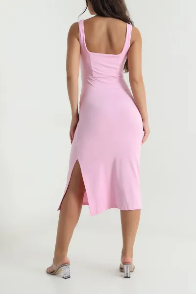 Pembe Tokalı Yırtmaçlı Dalgıç Kadın Elbise 476456