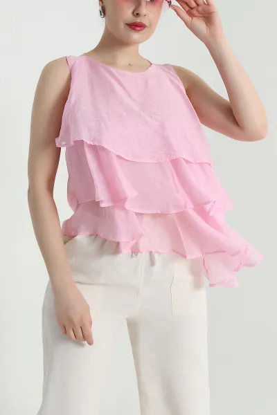 Pembe Tül Modal Kat Kat Kadın Bluz 470768