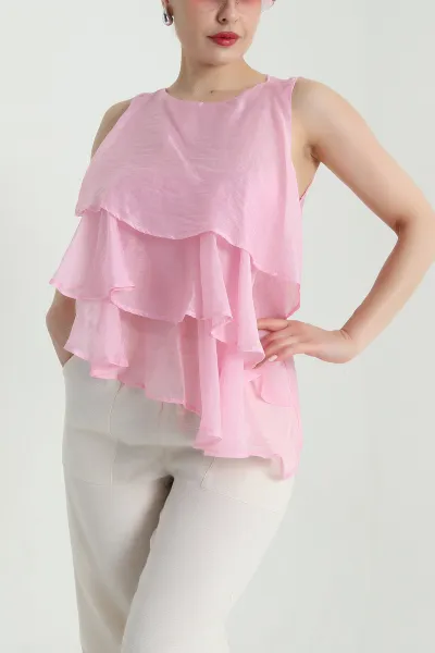 Pembe Tül Modal Kat Kat Kadın Bluz 470768