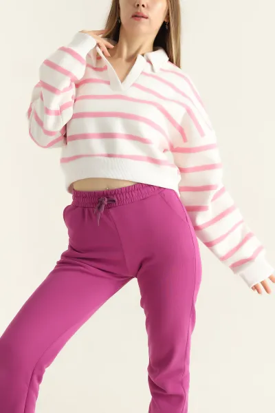 Pembe Üç İp Yakalı İçi Şardonlu Sweat 310546