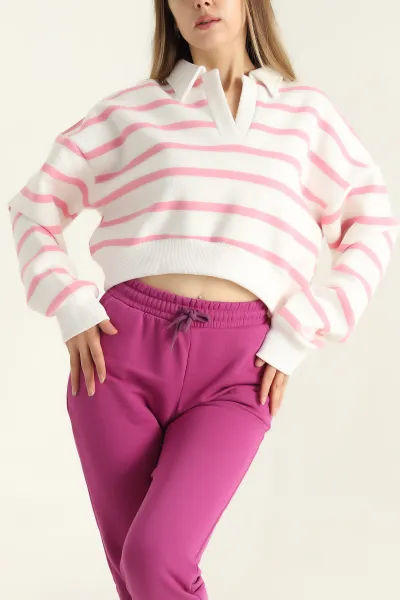 Pembe Üç İp Yakalı İçi Şardonlu Sweat 310546
