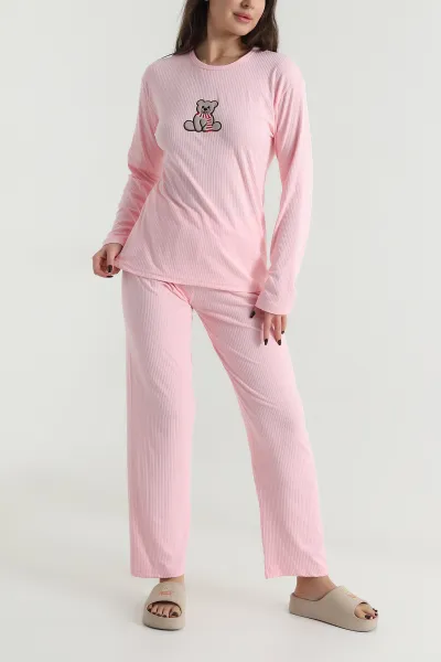 Pembe Uzun Kollu İnterlok Kadın Pijama Takımı 499829