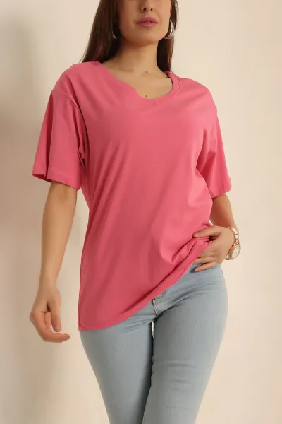 Pembe V Yaka Bayan Tişört 245510