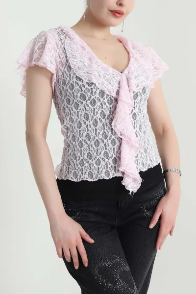 Pembe V Yaka Dantelli Tül Bluz 454060