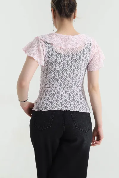 Pembe V Yaka Dantelli Tül Bluz 454060
