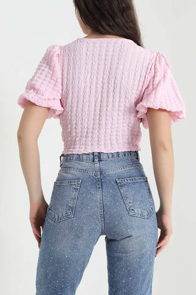 Pembe V Yaka Gofre Kadın Crop 456752