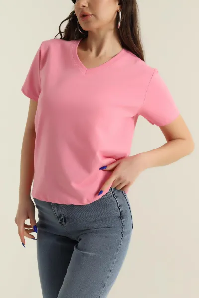 Pembe V Yaka İki İp Kadın Tişört 424398