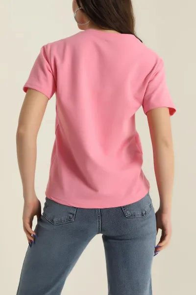 Pembe V Yaka İki İp Kadın Tişört 424398