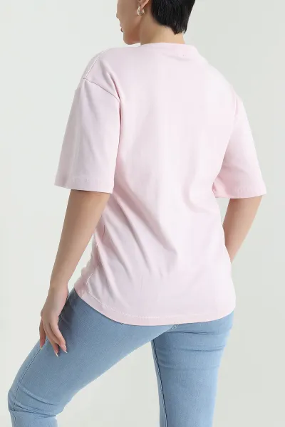Pembe V Yaka İnterlok Relax Kadın Tişört 468345