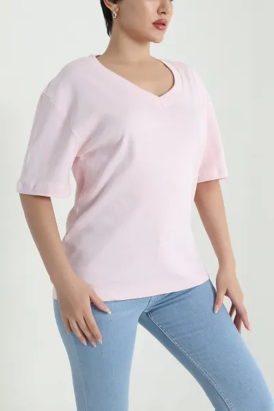 Pembe V Yaka İnterlok Relax Kadın Tişört 468345