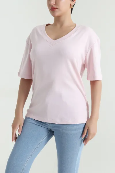 Pembe V Yaka İnterlok Relax Kadın Tişört 468345