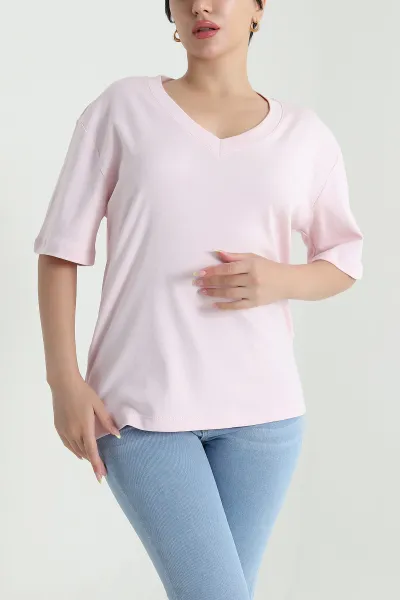 Pembe V Yaka İnterlok Relax Kadın Tişört 468345