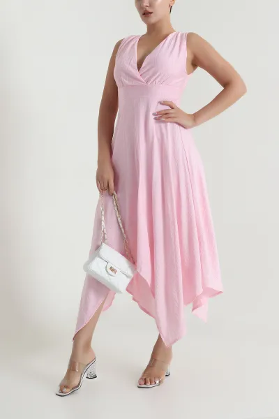 Pembe V Yaka Kadın Çilek Elbise 482533