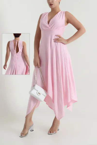 Pembe V Yaka Kadın Çilek Elbise 482533