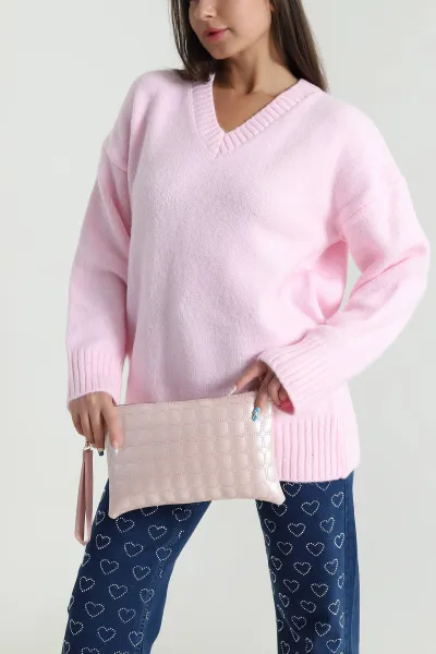 Pembe V Yaka Kadın Triko Kazak 483723