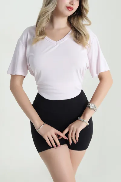 Pembe V Yaka Kupralı Kadın Tişört 478184