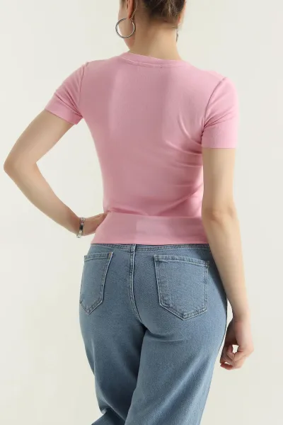 Pembe V Yaka Likralı Kadın Bluz 437222