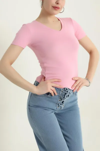 Pembe V Yaka Likralı Kadın Bluz 437222