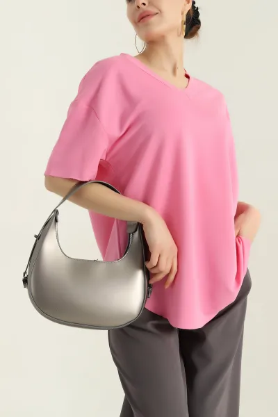 Pembe V Yaka Modal Kadın Tişört 346376